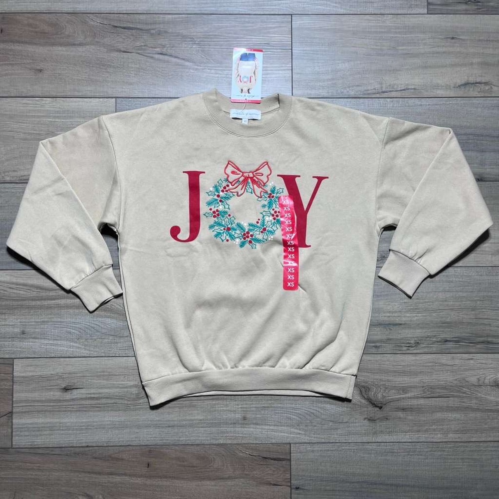 State of Mine Women's Joy Wreath Graphic Christmas Holiday Sweatshirt‎ XS Tan